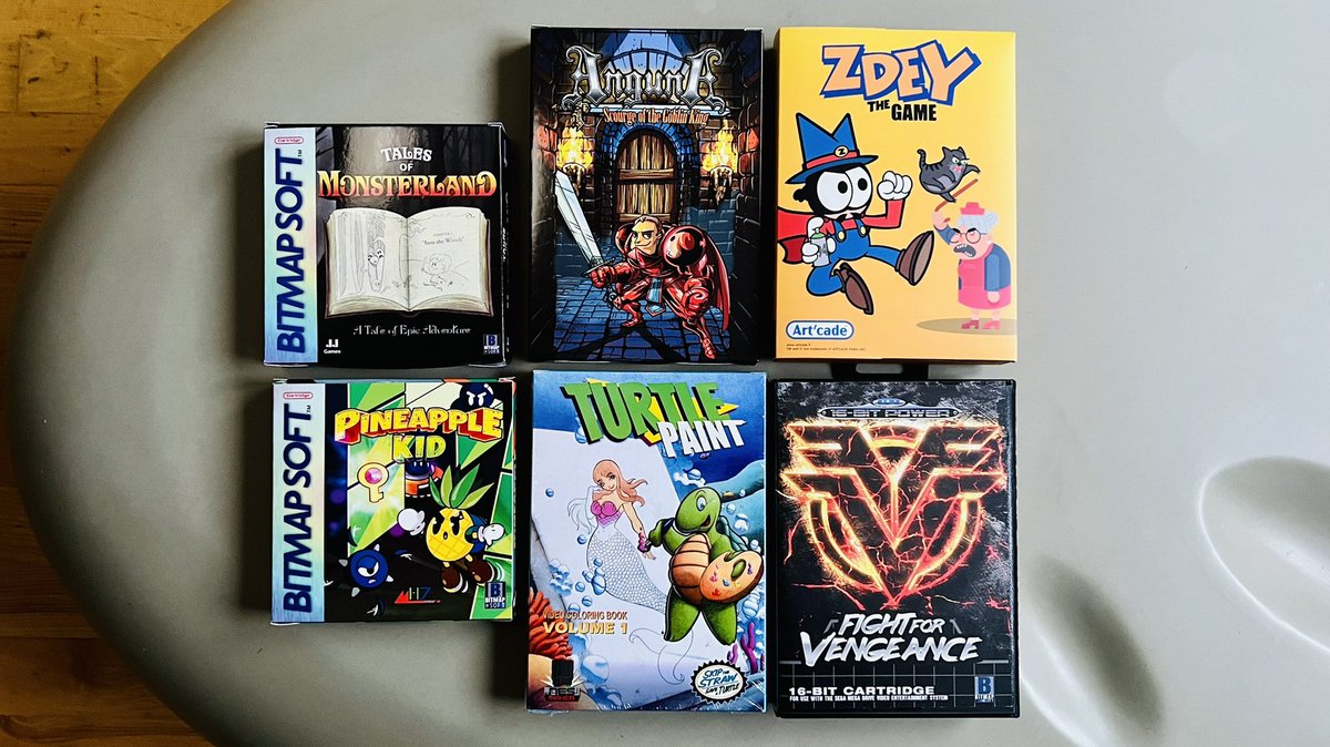 fnorzz's tweet photo. Latest arrivals by @BitmapSoft @Artcade_fr @TurtleRescueNES @6502Collective Highlights: Zdey best packaging ever, Pineapple Kid smells like Pineapple // Can’t wait to give them all some playtime :) https://t.co/Us9poqSHcs