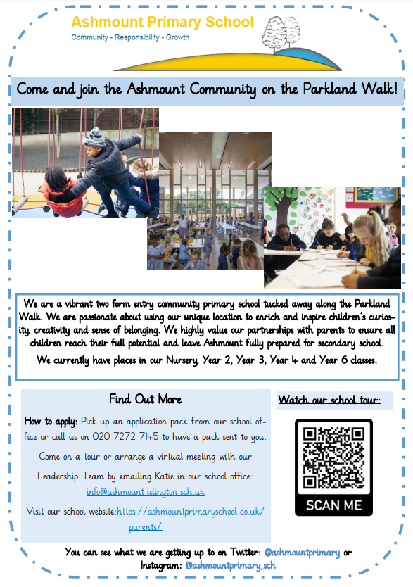 AshmountPrimary's tweet photo. Come and join our vibrant community school! ๐๐ #islingtonschools #primaryschooladmissions #crouchendfamilies #crouchhill #primaryplaces https://t.co/O0ah0K958G