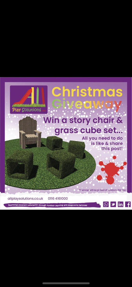 Christmas giveaway for schools win up to £1000 worth of play equipment.
Like it share it retweet it and give us a follow to be entered.
Message us privately once you have done this with the school name and contact details.
#teachers #playground #headteachers #schools #education