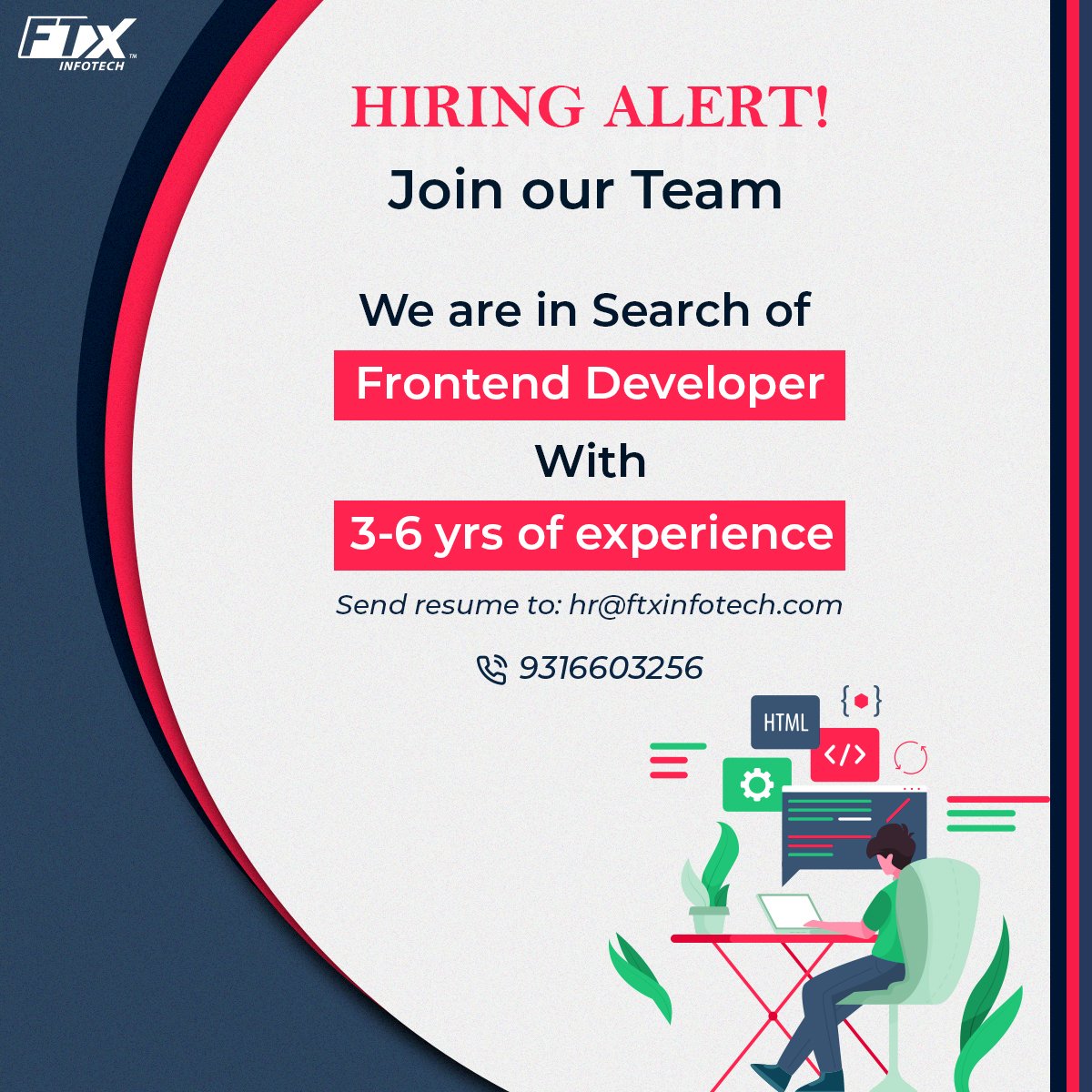 FasTraxInfotech's tweet image. If you think, you are the BEST FIT for this role and want to be a part of our organization, apply at hr@ftxinfotech.com.
Spread this post by sharing it with your friends/colleagues who are looking for a job change.
#frontenddeveloper #Hiring  #FasTraxInfotech #FTxInfotech