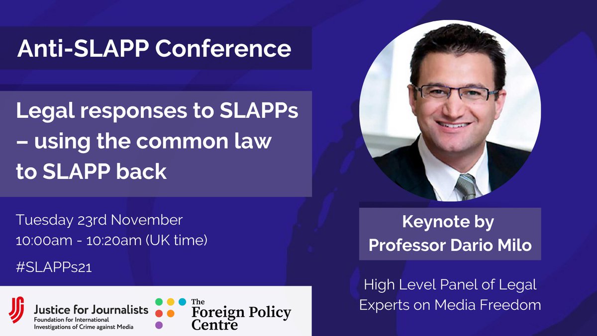 FPCThinkTank's tweet photo. .@Dariomilo is opening Day 2 of our Anti-SLAPP Conference with an address on the legal response to SLAPPs and how to use the common law to SLAPP back.
Learn more about today's programme ➡️ https://t.co/sm5S6AECys #SLAPPs21 https://t.co/ni1WBscCg9