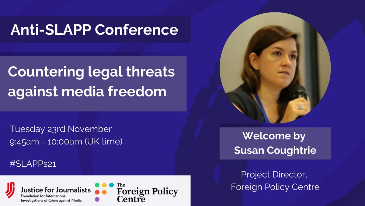 JFJfund's tweet photo. ‼️ Day Two of the Anti-SLAPP conference organised by JFJ w/ @FPCThinkTank is starting in 1 hour.
Join us at 9:45 am (GMT) for the welcome speech from the @skcoughtrie ,Project Director, @FPCThinkTank
#SLAPPs21 #SLAPPs https://t.co/r5nGne5mSh