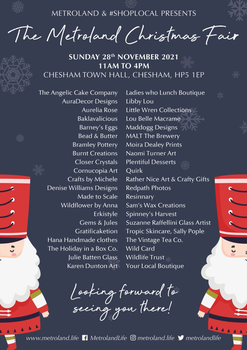 MetrolandLife's tweet photo. Here is our full list of stalls for Sunday! We are expecting over 800 shoppers (spaced out over the event with timed entry). 
Santa is popping in 2-4pm if you want to grab a Santa selfie!
#chesham #shoplocal #lovelocal #christmasfair #santa #chilterns #gifts #proseccobar https://t.co/Wd23kIRVXv