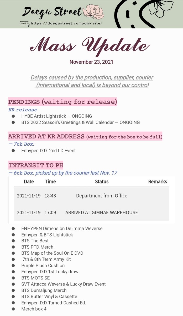 DAEGU_STREET's tweet photo. 📆 Status of all pending orders as of November 23, 2021

If we miss anything and if you have questions, please don't hesitate to message us. Thank you for your patience ~

 [ #DaeguStUpdate ] https://t.co/pGDLgkMEjO