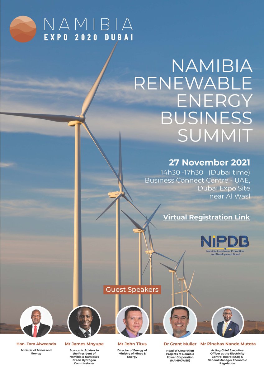 IMPORTANT NOTICE

Do you wish to invest in renewable energy in Namibia? The opportunity exists.

Catch the Namibian energy delegation to the Dubai Expo to learn more about the exciting opportunities. 

That’s Saturday 27 November 2021 at 14:30 Dubai time.

Don’t miss it!