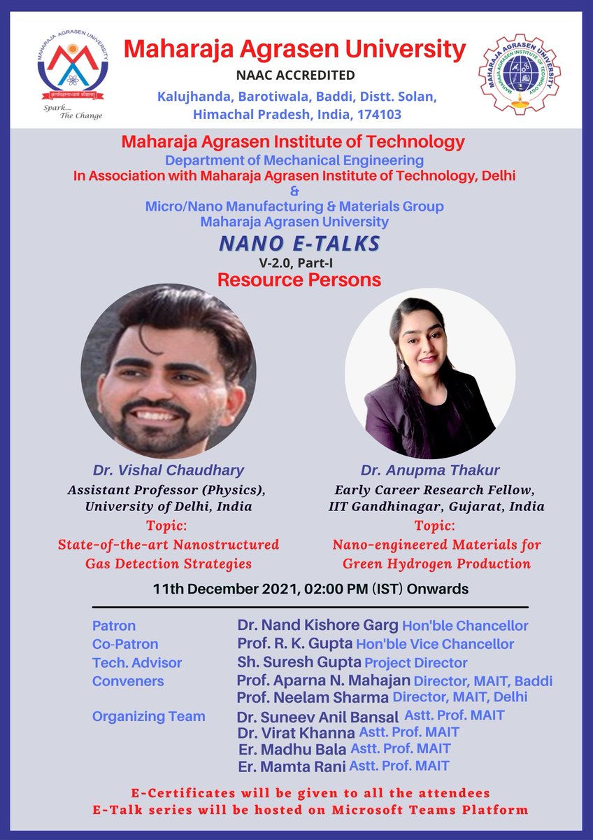 khannavirat's tweet photo. Department of Mechanical Engineering, @MAUbaddi is organizing Part-I of the 'Nano E-Talks' 
Key Speakers: Dr. Vihshal Chaudhary and Dr. Anupma Thakur (@anupmathakur92)
Registration link:  https://t.co/3gWt9SflCr
@Nano_Events
@SuneevGraphene 
@MadhuAmitkaushi
 #Nanotechnology https://t.co/3C6X5VogqM