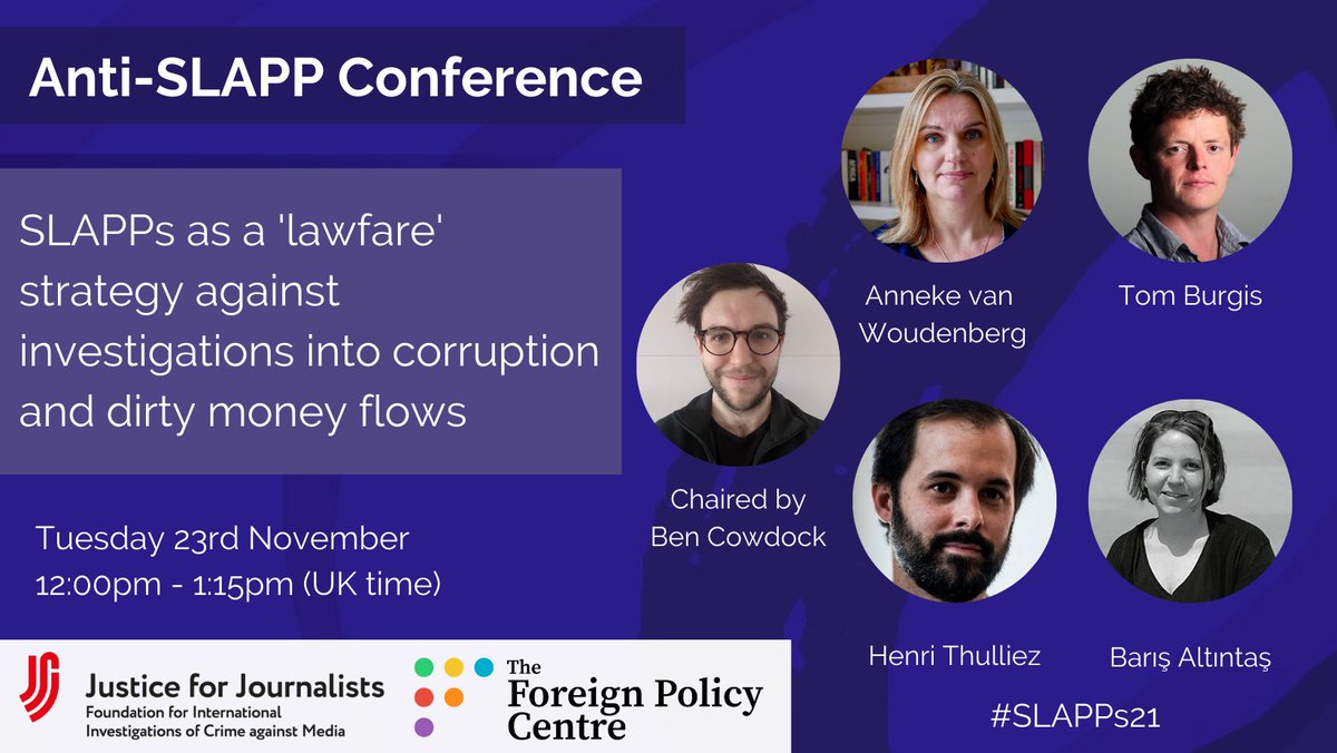 JFJfund's tweet photo. @FPCThinkTank @skcoughtrie @Dariomilo @OliverBullough @Manwel_Delia @amaBhungane @wildfranz @Soc_of_Authors 🕔12pm-1:15pm UK
Panel 2: SLAPPs as a ‘lawfare’ strategy against investigations into corruption and dirty money flows
Speakers: @BenCowdock, @HenriThulliez, @woudena, @tomburgis & @barisalt
Watch live ➡️https://t.co/2ec9hKsxy2
#SLAPPs21 https://t.co/xcZUwuRmrt