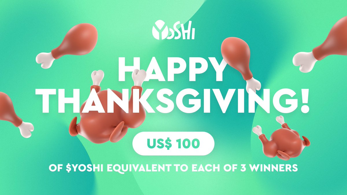 Happy #Thanksgiving!

Wishing you the diamond hands💎

💸 We’re going to give $100 in $YOSHI to each of 3 people who: 

💛Follow

🔄Retweet 

💬Reply with what you are thankful to crypto for

<a href="/YoshiExchange/">Yoshi.exchange</a> United DEX and Payment System on $FTM