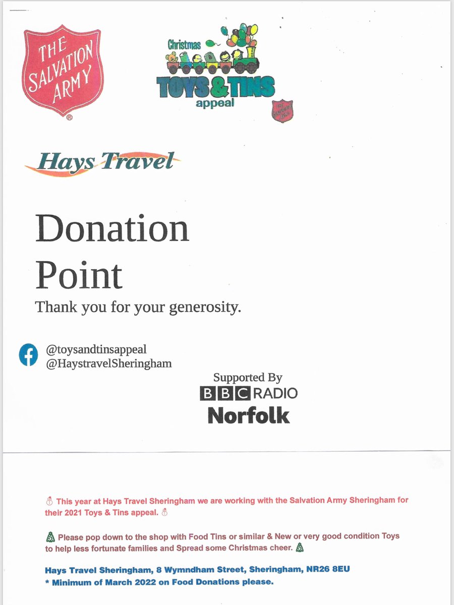 Toys and Tins appeal in #Sheringham with @HaystravelSheringham &amp; <a href="/salvationarmyuk/">The Salvation Army</a> which helps less fortunate families this Christmas

@toysandtinsappeal <a href="/BBCNorfolk/">BBC Norfolk</a> 

#SheringhamCommunityPrimarySchoolandNursery #SCPSNcommunity  #christmastinsandtoysappeal #thesalvationarmy