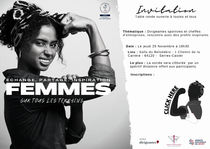 FCEFrance's tweet photo. Le CDOS 64 et les FCE Béarn organisent jeudi 25 novembre une table ronde ouverte à tous autour des dirigeantes et du sport. 🏃♀️🏃♂️
🤫 En prime, un apéritif dinatoire sera offert à tous les participants 🥂
Pour vous inscrire 👉 https://t.co/xnkrzEHtTx
#CDOS64 #FCEBéarn #FCE #sport https://t.co/VBvGijmh2Z