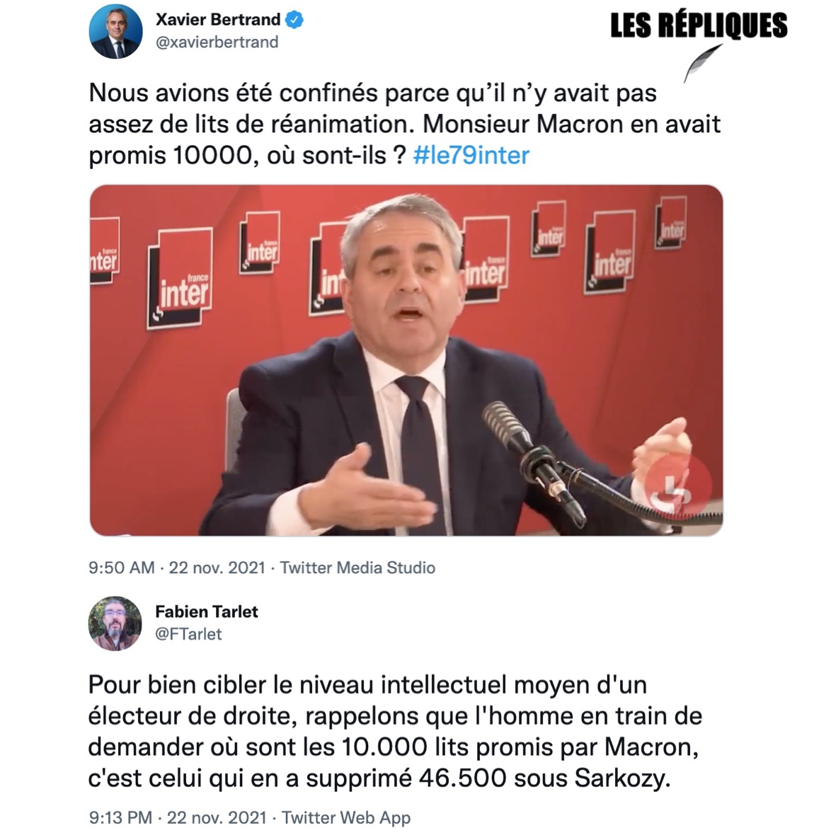 L'ancien ministre de la Santé et candidat à la présidentielle <a href="/xavierbertrand/">Xavier Bertrand</a> demande à <a href="/EmmanuelMacron/">Emmanuel Macron</a> où sont les lits de réanimation promis ?

👉 @FTarlet