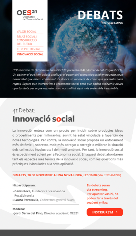 El proper dimarts 30 fem el darrer debat d’aquest cicle. Estarà dedicat a la innovació social i comptarà amb <a href="/genisroca/">genís roca</a> i <a href="/Lauraperacaulab/">Laura Peracaula</a>
Aquest cop serà a les 16:00 i us hi podeu apuntar aquí: docs.google.com/forms/d/e/1FAI…
No us ho perdeu!