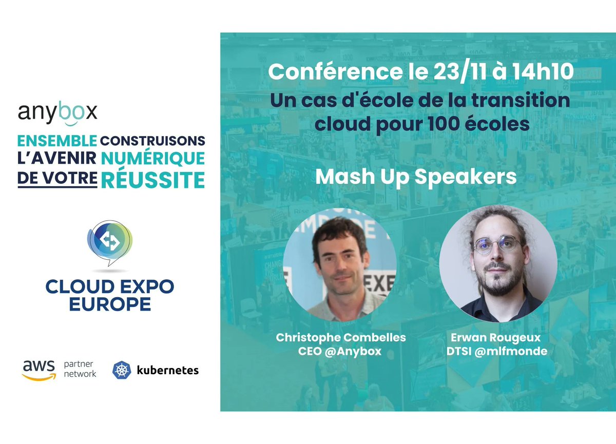 anybox's tweet photo. Today is THE day 🎉
🎤 Venez à notre Conférence : "Un cas d'école de la transition cloud pour 100 écoles"
📅 23 Novembre à 14h10
😀 Mash Up Speakers : Christophe Combelles CEO @Anybox & Erwan Rougeux DTSI @mlfmonde
#CEEParis #DevOpsLiveParis #innovation #agile #cloud https://t.co/8lwoCi55ld