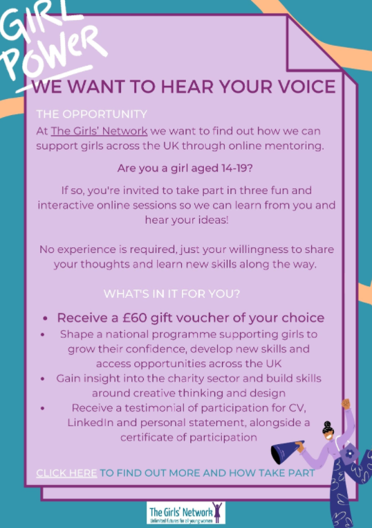UKYouth's tweet photo. Calling all girls aged 14-19! 

Want to raise your voice, build your future CV and receive a £60 gift voucher of your choice? 

Sign up to @TheGirlsNet's fun, interactive design sessions to help shape the future of online mentoring! 👇
https://t.co/A9GyyJPLBK https://t.co/4Bk3G7FCQu