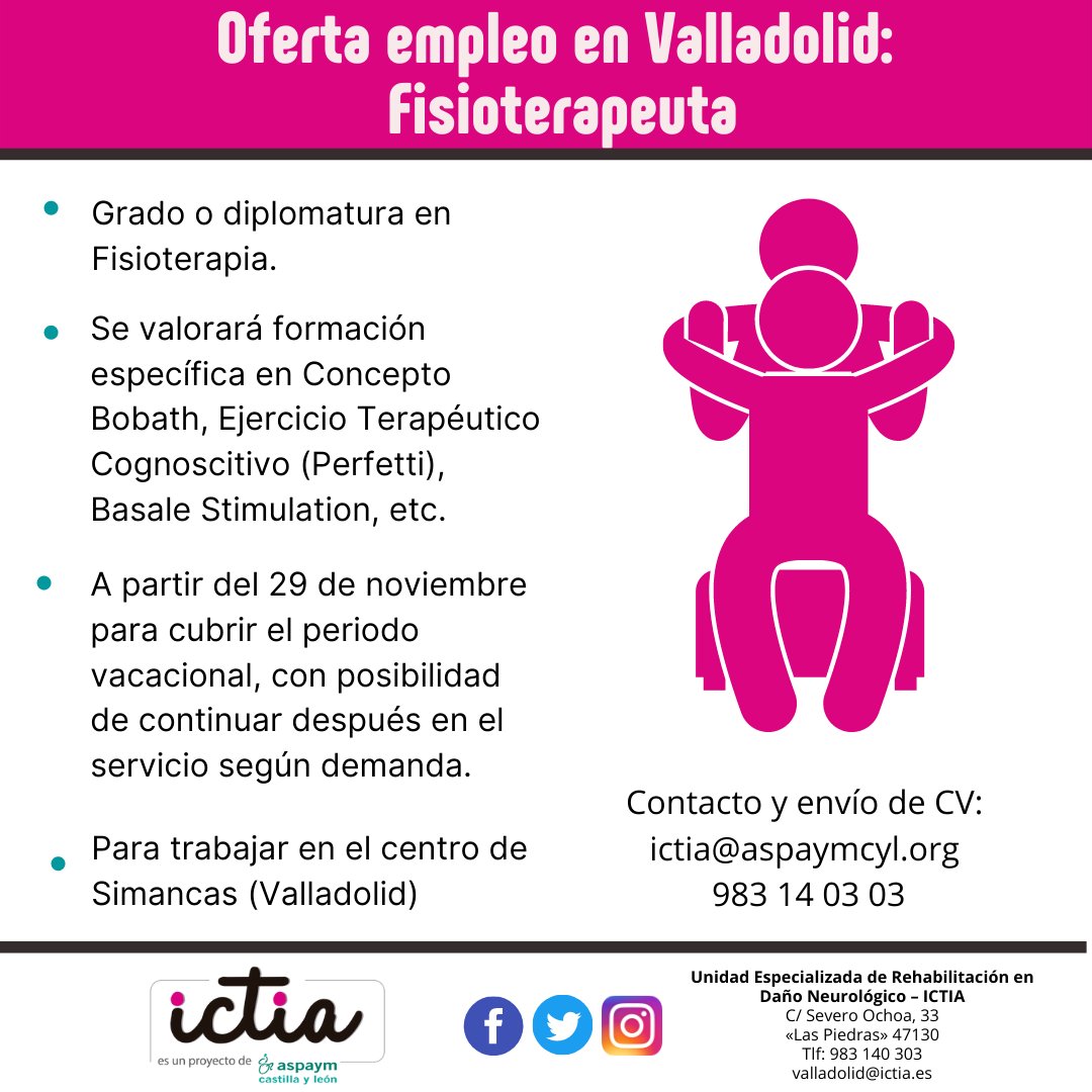 🧐🧐 Estamos buscando una persona para incorporarse a nuestro equipo como profesional de fisioterapia. ¡Si quieres trabajar en nuestro centro déjanos tu CV en ictia@aspaymcyl.org!

También nos ayudarías mucho compartiendo la oferta tutrabajo.org/ofertas/verofe…