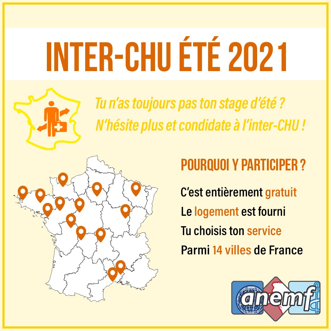 ANEMF's tweet photo. 🎉 La #SemainedesEchangesNationaux débute aujourd’hui avec #InterCHU, un programme #gratuit #validant #bilatéral et #rémunéré pour faire un #stageclinique dans un autre #CHU de France
#etudiants #médecine https://t.co/ZhvdTsoOsX