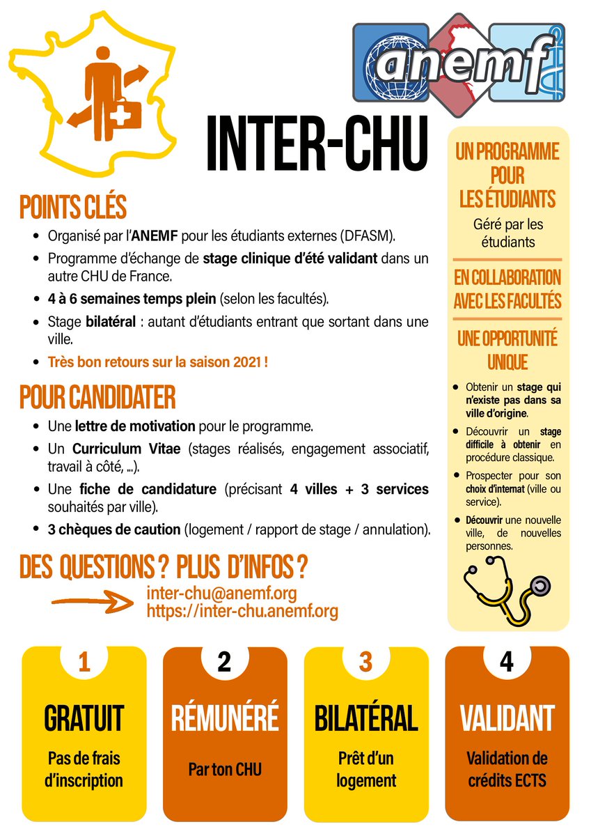 ANEMF's tweet photo. 🎉 La #SemainedesEchangesNationaux débute aujourd’hui avec #InterCHU, un programme #gratuit #validant #bilatéral et #rémunéré pour faire un #stageclinique dans un autre #CHU de France
#etudiants #médecine https://t.co/ZhvdTsoOsX