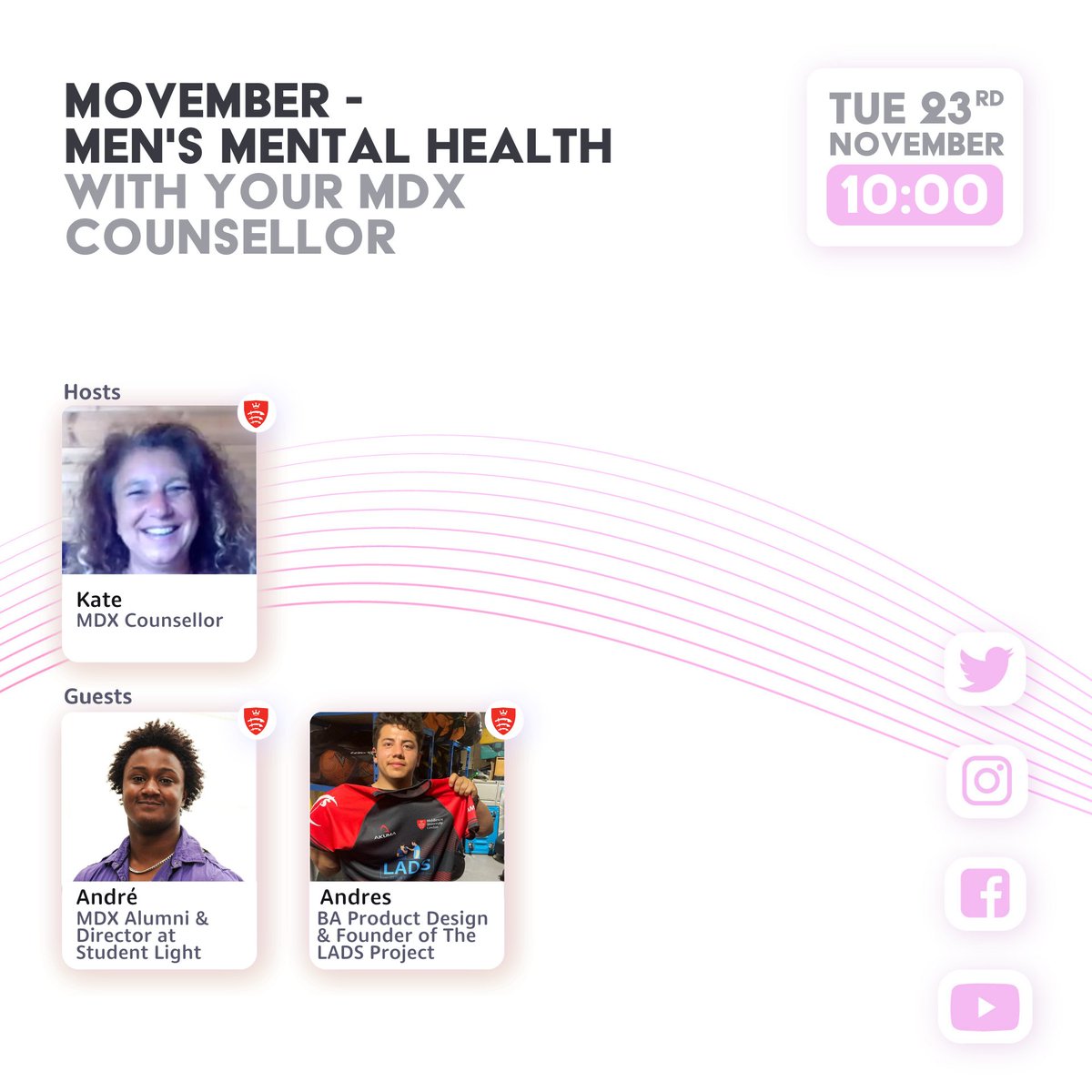 In this episode, your MDX counsellor Kate, will be talking all things Men's Mental Health, with Product Design student Andres, who founded 'The LADS Project' (Living and dying seminar) a project targeting mental health in men. And Director of Student Light André.