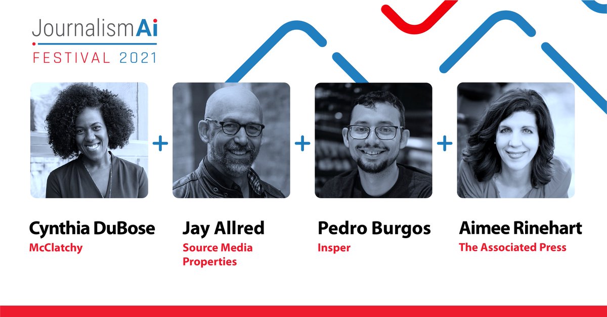 Images of Cynthia DuBose of McClatchy, Jay Allred of Source Media Properties, Pedro Burgos of Insper and Aimee Rinehart of The Associated Press. All speakers at the JournalismAI Festival. 