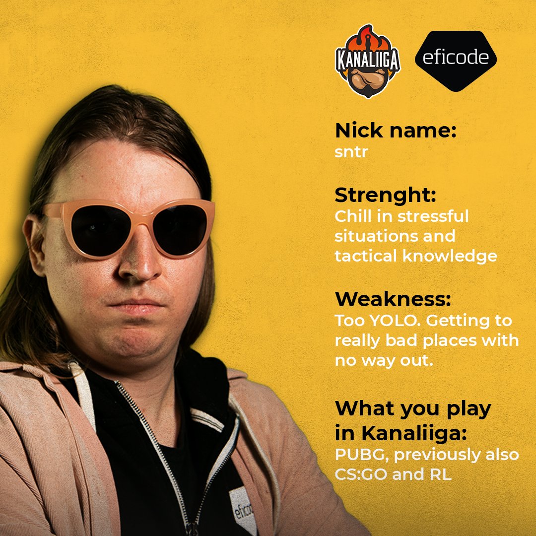 Eficode's tweet image. Kanaliiga gamer presentations continue with Santeri (@sntr)! 💛Senior DevOps Consultant at Eficode, and PUBG gamer in Kanaliiga - get to know Santeri better through our interview with him! 
#esports #kanaliiga #humansofeficode