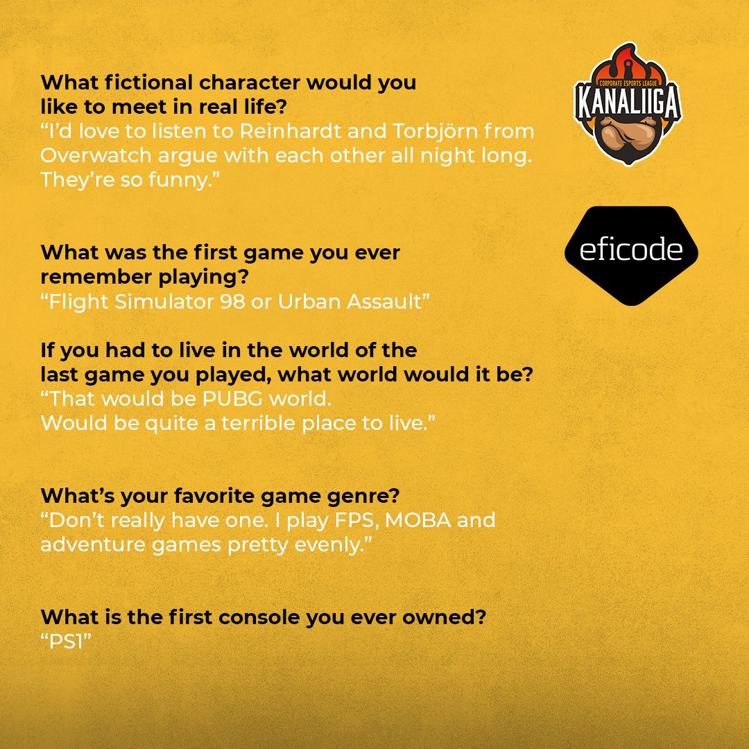 Eficode's tweet image. Kanaliiga gamer presentations continue with Santeri (@sntr)! 💛Senior DevOps Consultant at Eficode, and PUBG gamer in Kanaliiga - get to know Santeri better through our interview with him! 
#esports #kanaliiga #humansofeficode