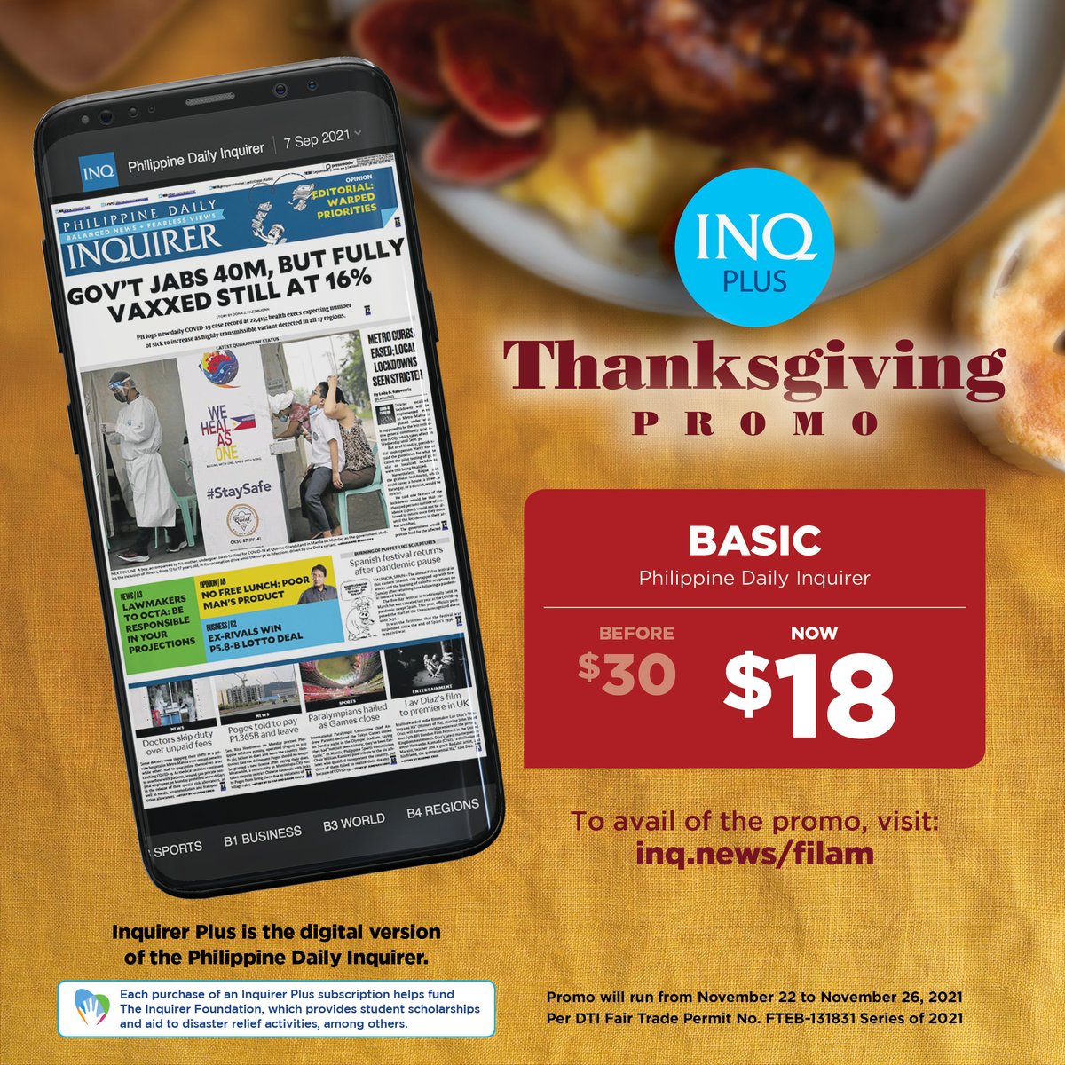 inquirerdotnet's tweet photo. This offer is available for Thanksgiving week only, so donβt miss your chance to get a big discount and subscribe now. https://t.co/ehaL5bNTft
Spread the word to your loved ones abroad!
#ThanksgivingPromo
#InquirerPlus
#OFWs
#USCanada https://t.co/EBMI3RtGNa