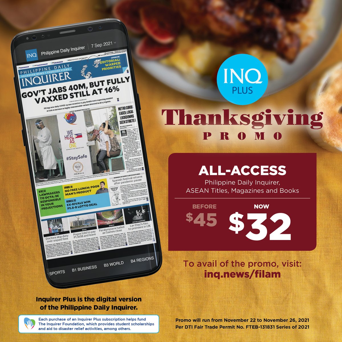 inquirerdotnet's tweet photo. This offer is available for Thanksgiving week only, so donβt miss your chance to get a big discount and subscribe now. https://t.co/ehaL5bNTft
Spread the word to your loved ones abroad!
#ThanksgivingPromo
#InquirerPlus
#OFWs
#USCanada https://t.co/EBMI3RtGNa