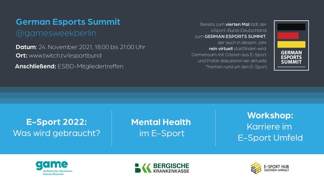 Am 24. November findet wieder der German E-Sport Summit des ESBD - eSport-Bund Deutschland statt und auch wir sind mit dabei. Unser Projektleiter <a href="/Oroaranion/">Martin Müller</a> ist gleich zum Einstieg im Panel "E-Sport im Jahr 2022" zu sehen.

Alle Informationen gibts hier esportbund.de