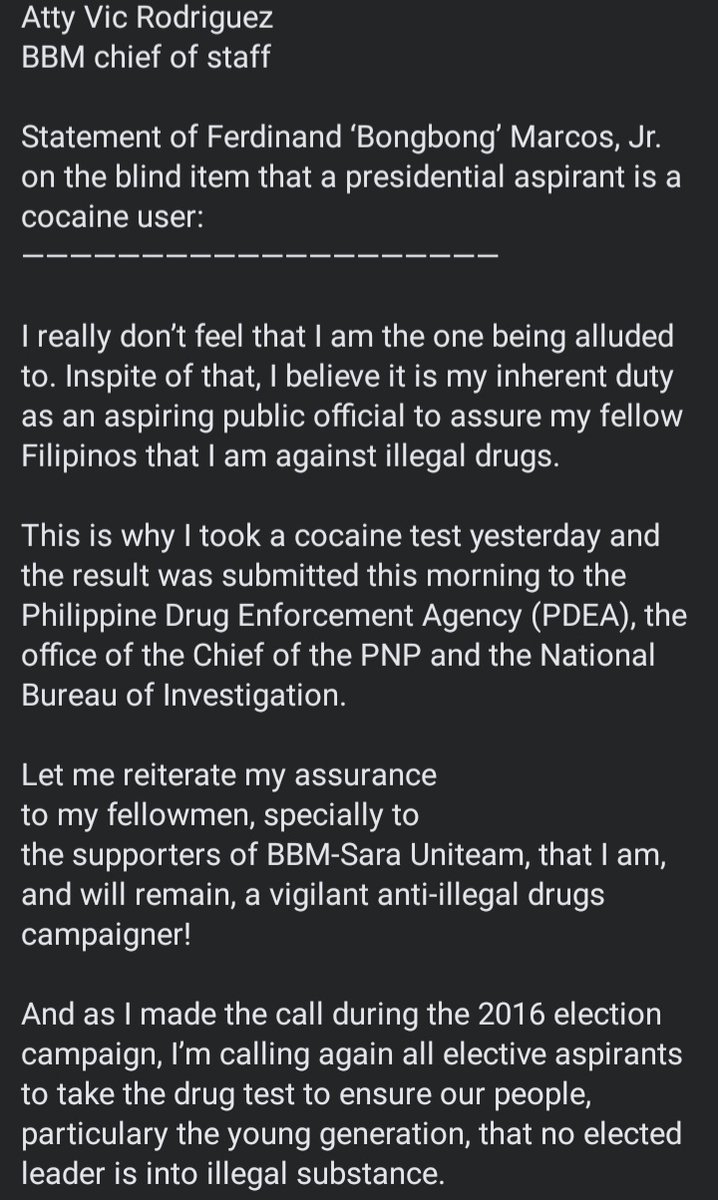 Jocgenics's tweet photo. Statement of BBM on the blind item of a presidential aspirant using cocaine.

Ok, next issue naman ulit.. https://t.co/bVNzxOxY8T
