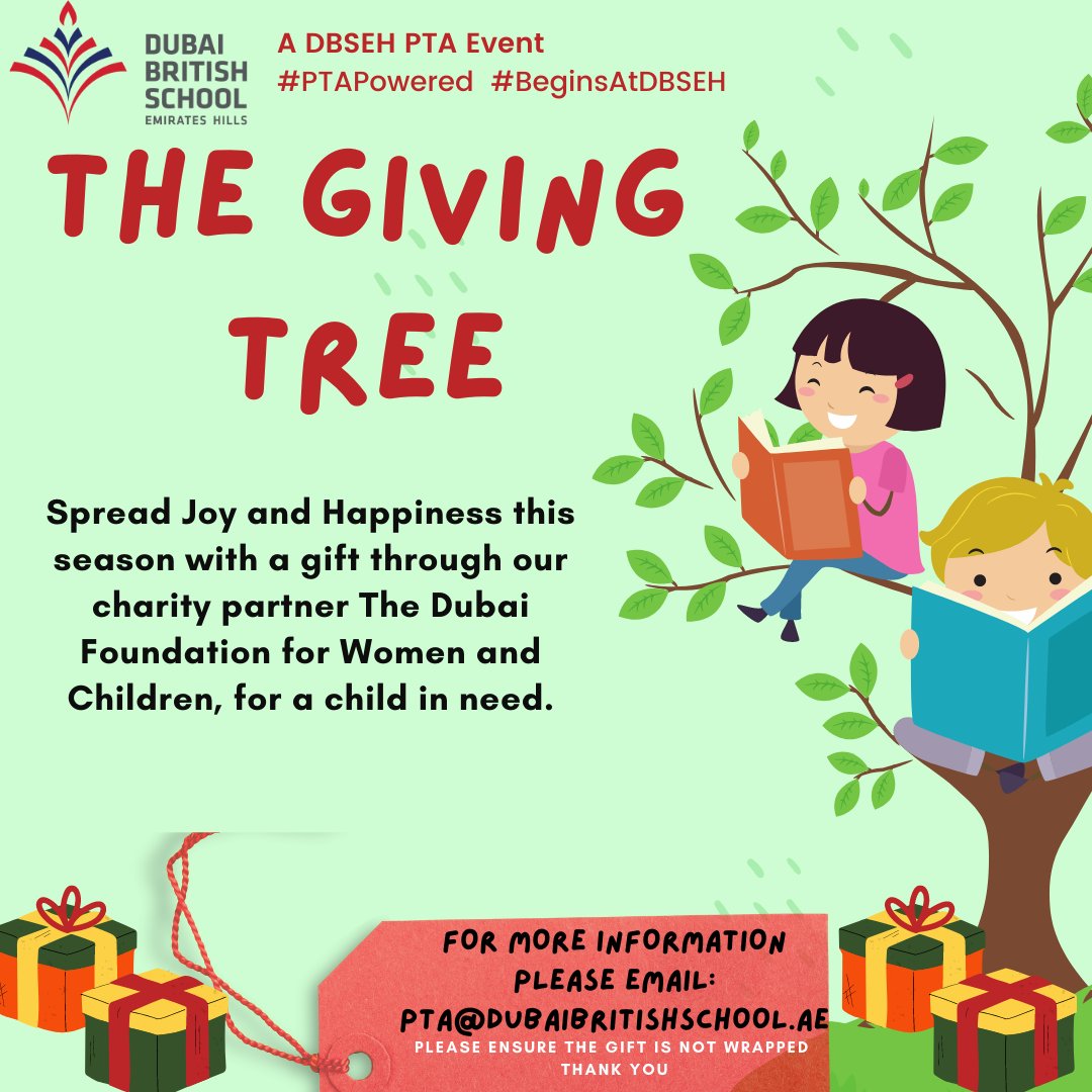 DubaiBritishEH's tweet photo. The PTA are spread joy and happiness this season through 'The Dubai Foundation for Women and Children'. Please take a label from the tree, buy the small gift listed. Attach the label to the gift and place it under the giving tree. #BeginsatDBSEH #PTAPowered https://t.co/Vnt3CSqBwu