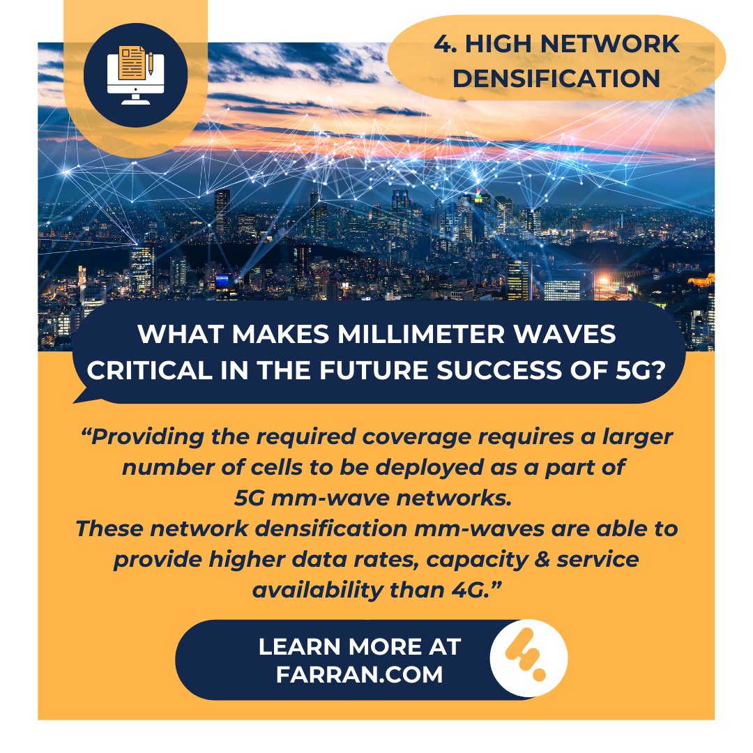 FarranTech's tweet photo. What makes millimeter waves critical in the future success of 5G? ๐ถ๐ก
4. High Network Densification. Mmwaves are able to provide higher data rates, capacity and service availability than 4G. More info: https://t.co/guWa1fVgUw
#mmwave #5g #wirelesscomms #networkdensification https://t.co/z8RGjb6CjZ