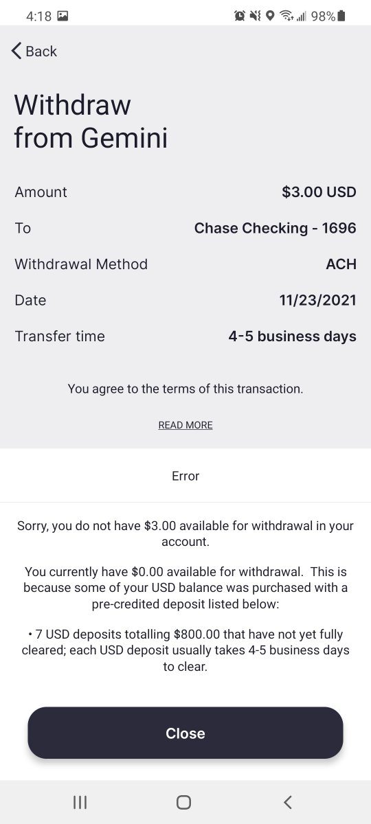 Misti_00's tweet photo. @Gemini Question is how do I withdraw money after selling? So what's the point if I can't withdraw when needed? Is it like forever investment that I wouldn't have accese to my own fund? Always withdrawal amount says $0.00. As a trial,  I was checking on $3 dollar only https://t.co/ht5fImrWXx
