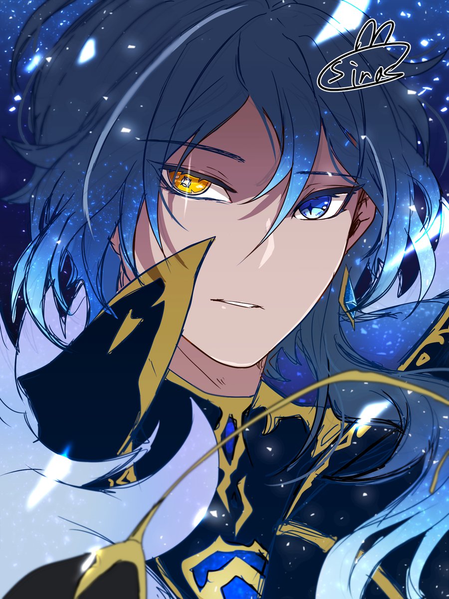 1boy male focus blue hair solo blue eyes heterochromia earrings  illustration images