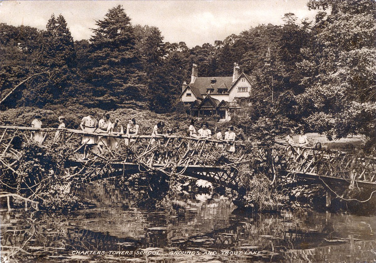 bexhillmuseum's tweet photo. As we have all been #evacuated to the #countryside for the duration, we might as well have a good look around. "Charters Towers School. Grounds and Trout #Lake." #Milland Place, #Hampshire c.1941. Yes, this will do. #Bexhill #Sussex #History #1940s #school #schools #WW2 #evacuees https://t.co/1aKVs3BDMp