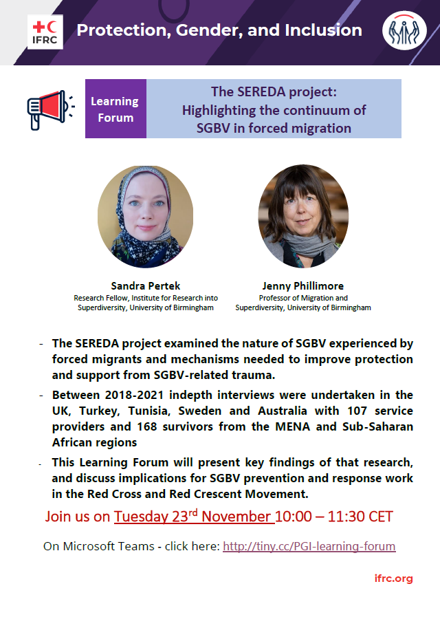 sobering facts and figures <a href="/sereda_IRiS/">sereda_IRiS</a> on #SGBV experienced by forced migrants <a href="/ifrc/">IFRC</a> #PGI learning forum.There are new insights on violent dependency &amp; also how forced consciption for men should be counted as an act of SGBV.Thank you <a href="/sandrapertek/">Sandra Pertek</a> &amp; <a href="/japhillimore/">Jenny phillimore @japhillimore@ohai.social</a> for joining us