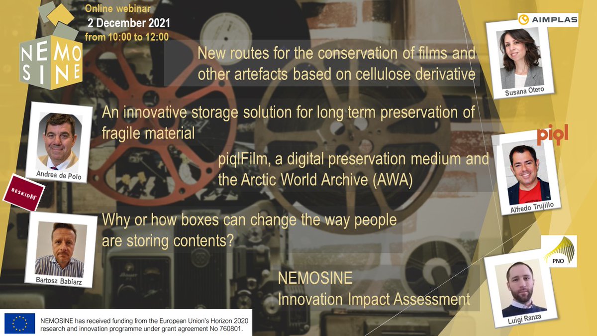 nemosineproject's tweet photo. Save the date! 2nd December🗓️NEXT WEBINAR: The NEMOSINE innovative package for the preservation of visual and audio Cultural Heritage material. 
Registrations here: https://t.co/qZiL3mNUAW https://t.co/aLt0xNOLtY