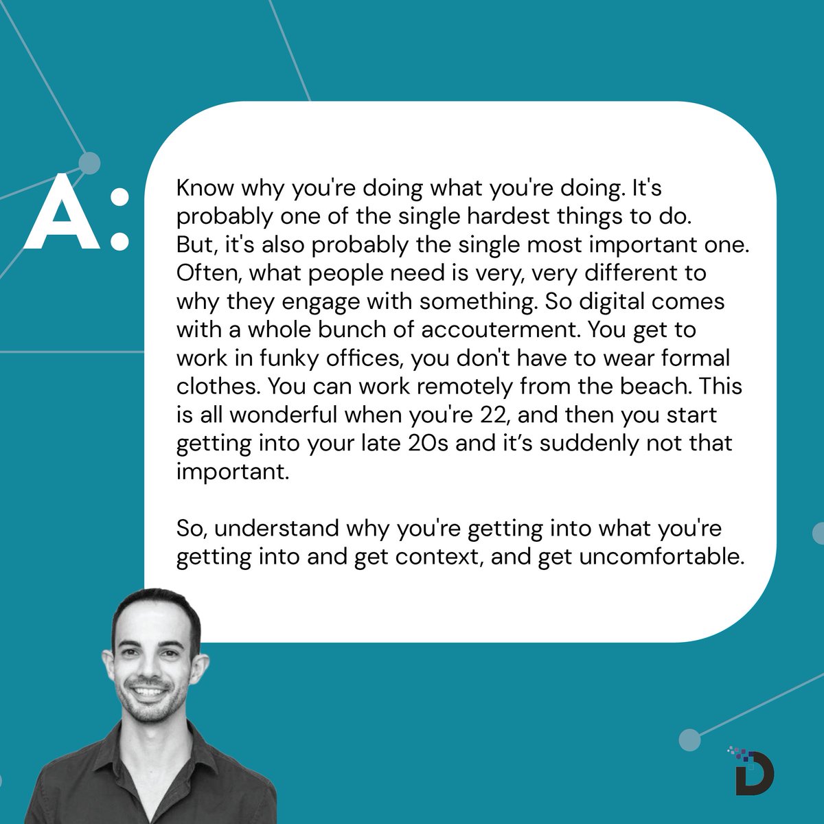 The_DMAT's tweet image. Friendly career advice:

“Know why you’re doing what you’re doing. It’s probably one of the single hardest things to do. But, it’s also the single most important.” - Carlos Menezes

Want to hear career advice from other leaders? Follow the link below ↓

bit.ly/3nJ9wtF