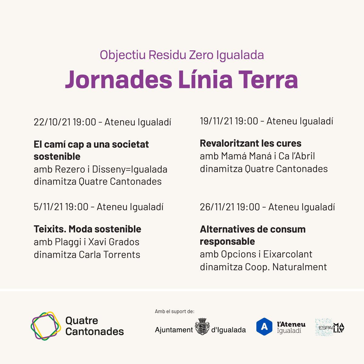 4_cantonades's tweet photo. 📢4a Taula rodona:"Alternatives de consum" amb @opcions i @eixarcolant, dinamitza @Naturalmentcoop

 ♻️Com fer les alternatives més accessibles?Quines alternatives tenim a l'Anoia?

📅Div 26/11 a les 19h a  @MALLAProjecte, @AteneuIgualadi 

Inscriu-te a:https://t.co/sqOFwpSVPf https://t.co/z1eRYUcssA