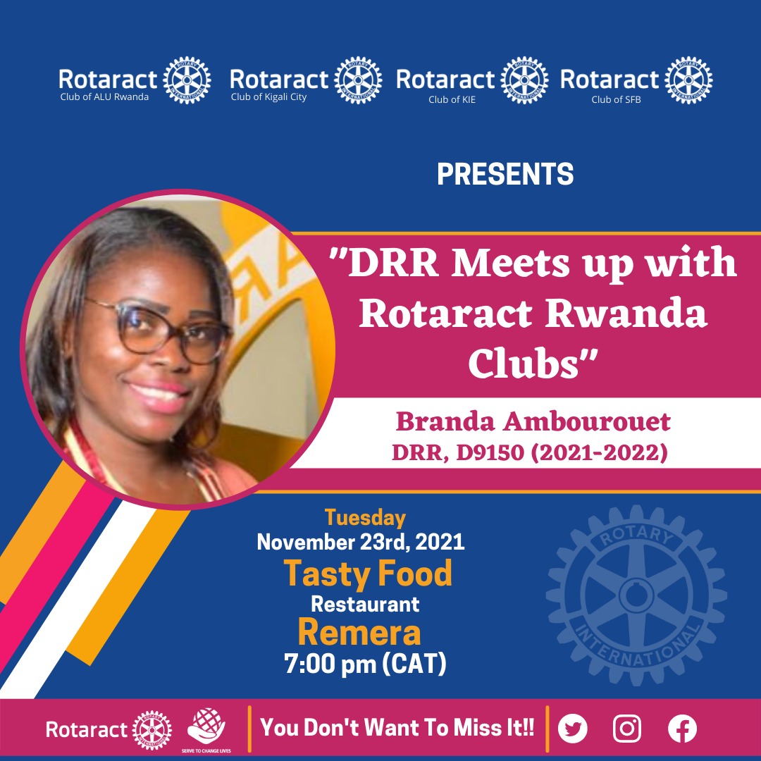 We are excited to host our District Rotaract Representative, Branda Ambourouet tonight! 

Come through & represent your club as we chat on way forward this Rotary year with her. 

#DRRVisits, #ServetoChangeLives