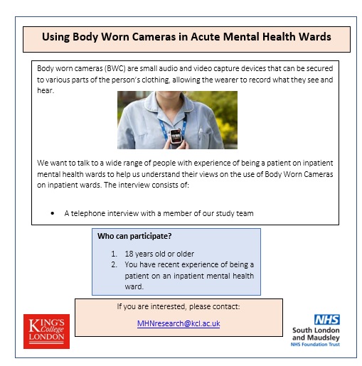 FINAL CALL: If you have experience on an inpatient mental health ward in the past 5 years we want to hear your views on the use of Body Worn Camera's email una.foye@kcl.ac.uk, interview via Teams/ phone + £10 voucher as thanks. Underrepresented voices needed #mentalhealth