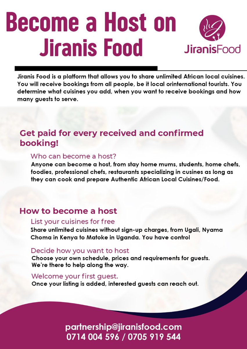 JiranisF's tweet photo. Are you a good cook? Let's help you earn from this talent. Visit https://t.co/PdHzPq1ltF  to be a host on Jiranis Food. 
#hiring #recruitment #recruiting #ikokazike https://t.co/X7hDTcqM31