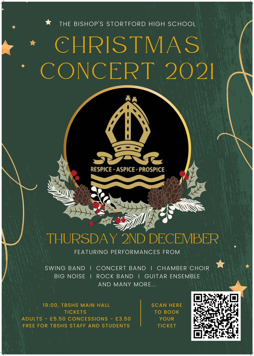 Christmas Concert 2021.

Featuring performances from Swing Band, Concert Band, Big Noise, Chamber Choir, Rock Band, Guitar Ensemble and many more!

For tickets click here: ticketsource.co.uk/the-bishops-st…

Adults £5.50

Concessions £3.50

Students FREE