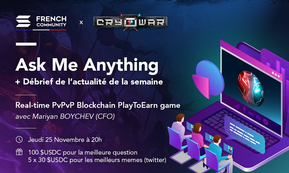 Solana_FR's tweet photo. 🔉AMA Project CRYOWAR🔉

🕹️Real-time PvPvP PlayToEarn game
Avec Maryan BOYCHEV (CFO)

🗓️Jeudi 25 novembre à 20h

🎁 100 $USDC pour la meilleur question
🎁 5 x 30 $USDC pour les meilleurs memes (twitter)

 @CryowarDevs  @Solana_FR 
https://t.co/guFONN6mbN https://t.co/aON09IGYzb