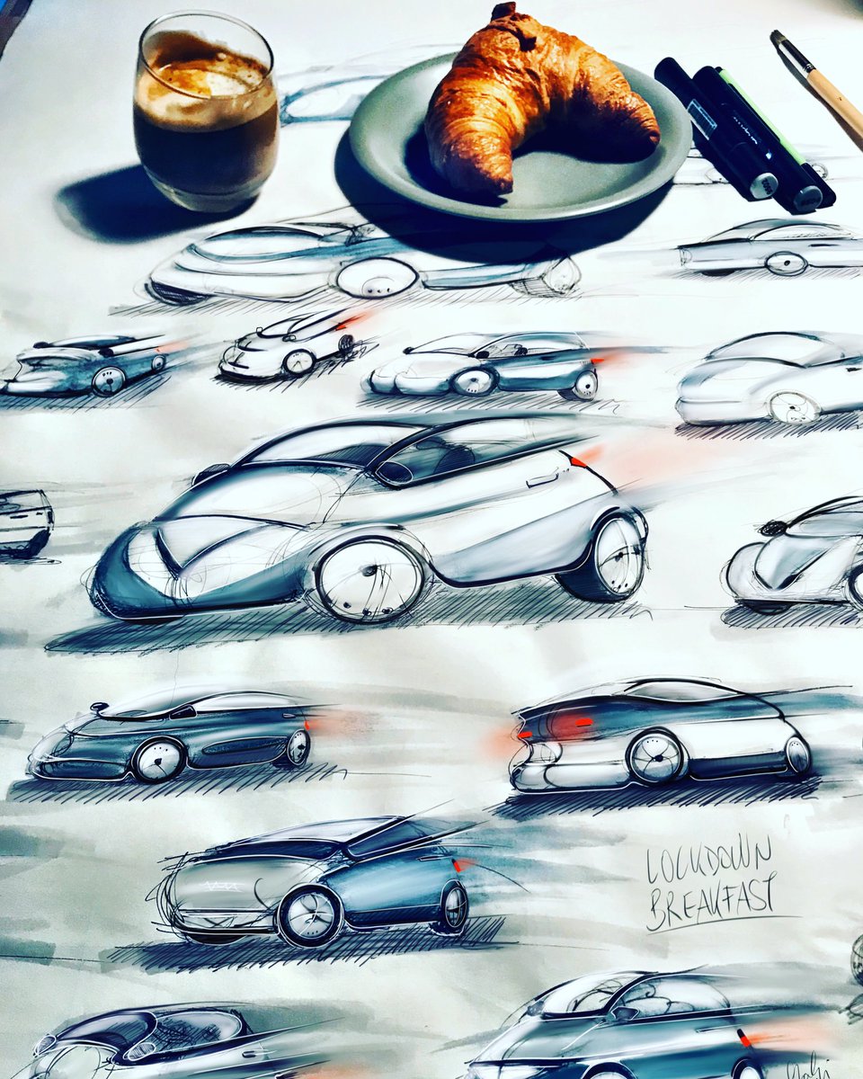 DesignTweeeet's tweet photo. MORNING ROUTINE, coffee, croissant, 30 min. of rough sketching make a perfect warm up for the day.#design #designthinking #sketchbook #productdesign #lockdown #illustrationart #Sketching #transprtationdesign #vehicles #morningroutine https://t.co/44tpDbIIQc