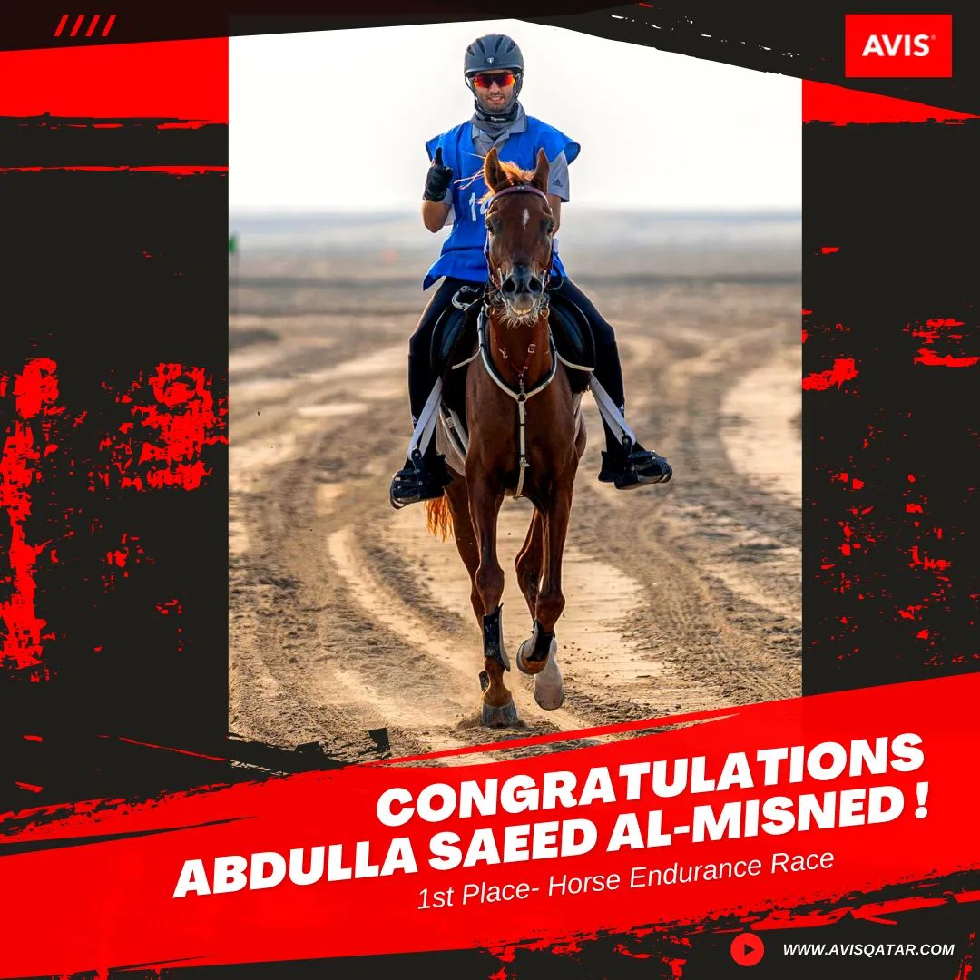 Avis_Qatar's tweet photo. Congratulations to Abdulla Saeed Al-Misned for finishing first place at the recently concluded Horse Endurance Race in Mesaieed. The grueling 40 km race was sponsored by AVIS Qatar. After completing many kilometers of desert ride, Abdulla qualified for the next round. https://t.co/3DrV4JYq6x