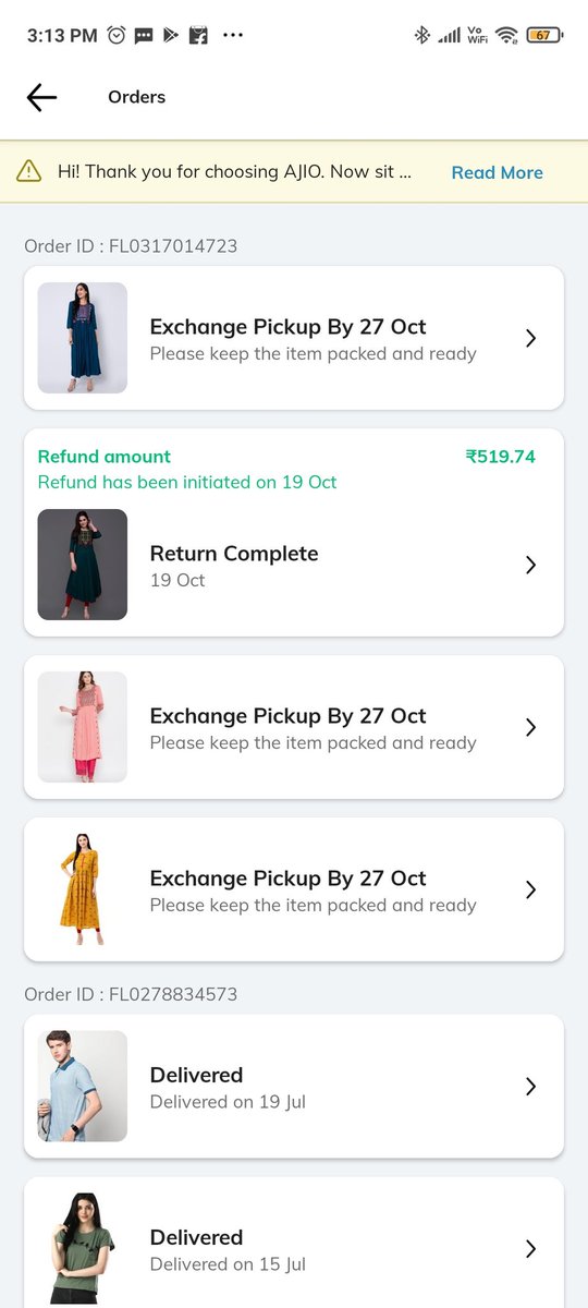 amitkasaria's tweet photo. @AJIOLife bought clothes by my wife in oct, requested for replacement which we never got despite software still showing date of replacement oct27, thrice raised complaint but everytime it got resolved but only in msg not in real. Fraudajio https://t.co/FDIahIyZGr