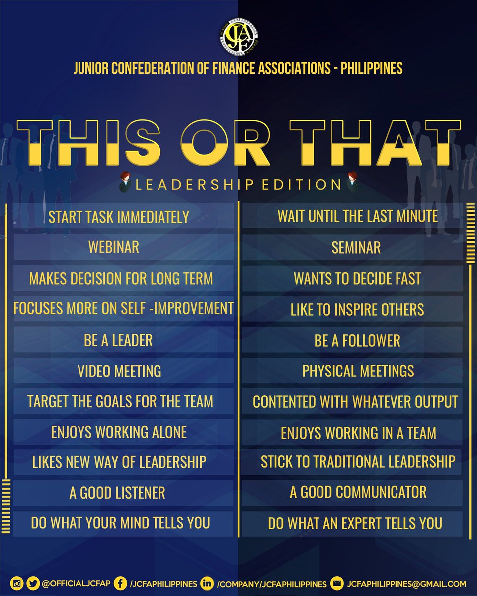 OfficialJCFAP's tweet photo. Claim the leader that you are with JCFAP's "This or That"!

We all lead in a different manner and these differences are what makes us unique as a leader.

Be the Difference. Experience JCFAP.

#JCFAPFLCon2021 https://t.co/53419po8vf