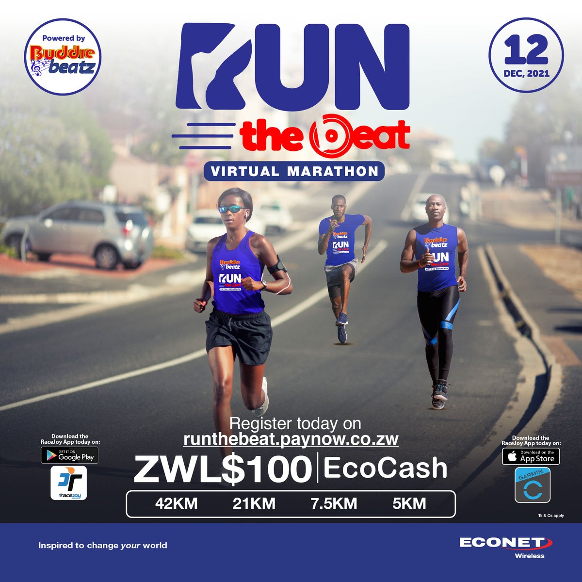 econetzimbabwe's tweet photo. Be part of the first-ever 'Buddie Beatz - RUN THE BEAT' Virtual Marathon. 

Join us on the 12th of December 2021 for the first edition of our virtual marathon.  

To register, visit https://t.co/IhmRvgVzPV. 
Registration is only ZWL$100. 

Lot's of prizes to be won. https://t.co/xhtsg0uZI0
