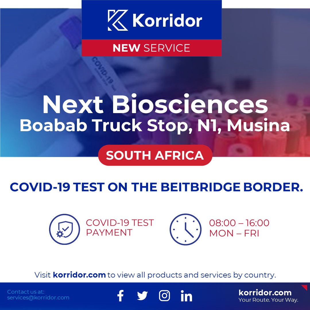 Pay for a COVID-19 Test online with Korridor at Next Biosciences, Boabab Truck Stop en route to the Beitbridge Border, N1, Musina, Limpopo, South Africa
#Technology #Logistics #Transport #Transportation #Freight #FleetManagement