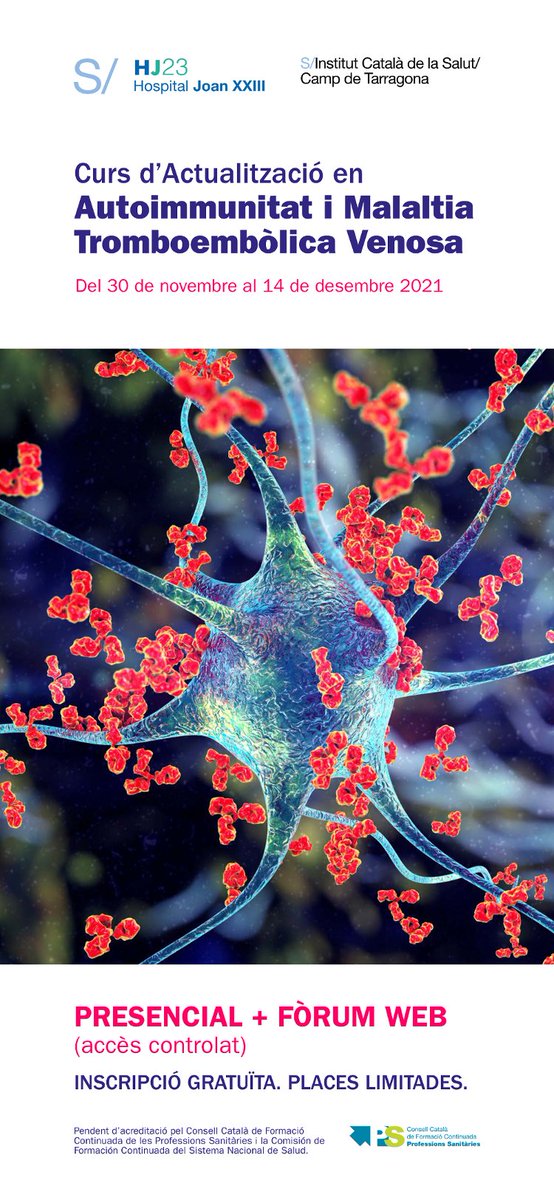 comtgna's tweet photo. Ben atents a aquest curs que arrenca la setmana vinent ⬇️ ⬇️

🔵 Curs d’actualització en Autoimmunitat i Malaltia Tromboembòlica Venosa

🗓️ 30 de novembre 1 i 2 de desembre
ℹ️ i inscripcions: https://t.co/qPeMTS276s https://t.co/OVn0COSyCc